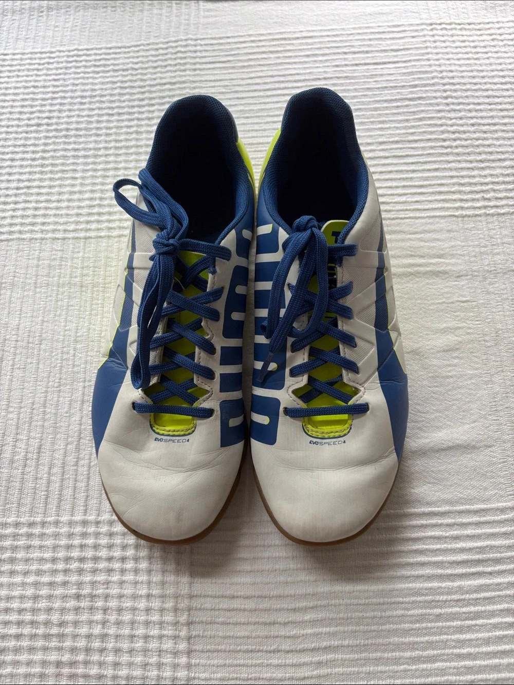 Puma White & Blue Indoor Soccer Shoes with Neon Lime Accents